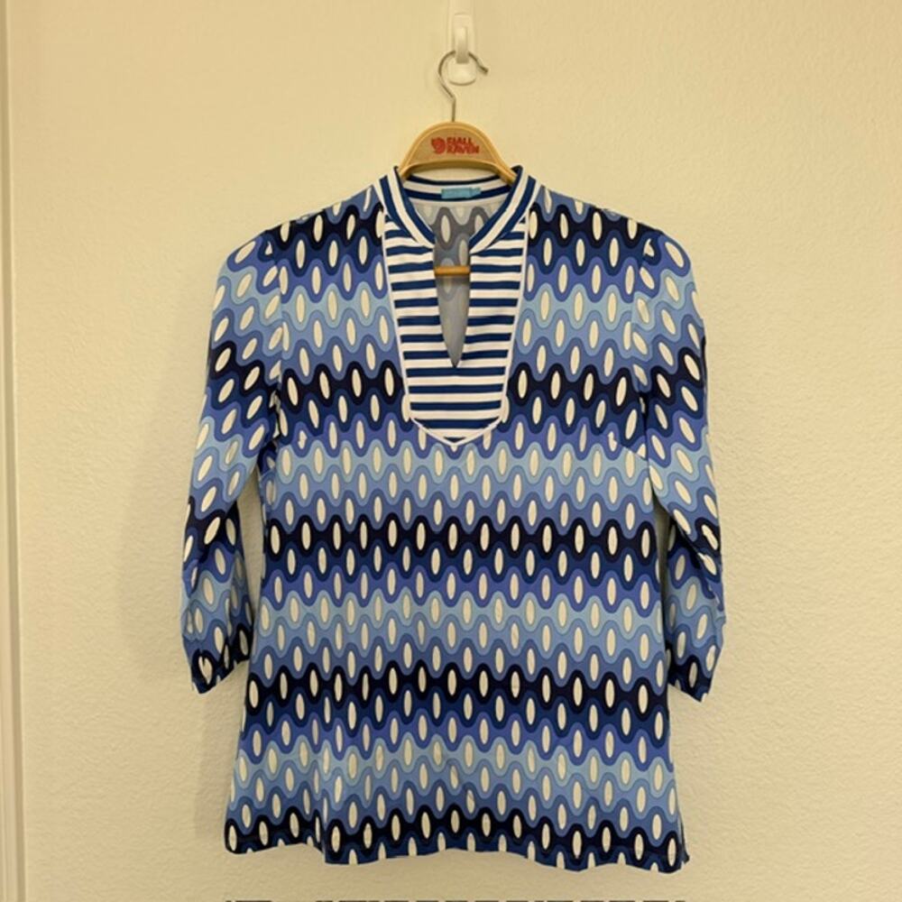 J. McLaughlin Tunic Women's Medium Retro Geometric Blue Circle Print 3/4 Sleeve